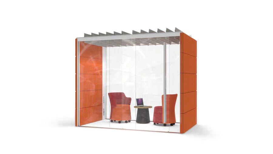 Orangebox Air3 small orange room with glass front and two armchairs inside