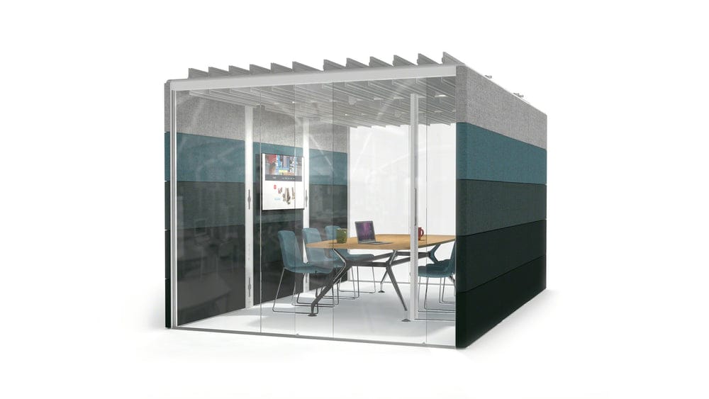 Orangebox Air3 meeting room with glass front, teal and grey acoustic panels and a meeting table inside