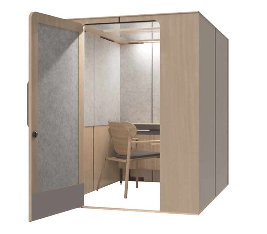 Nessel lactation pod with the door open, showing a chair and desk inside