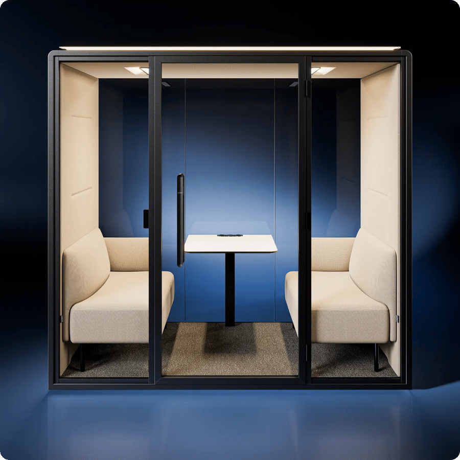 Silen Space Gen 2 two-person booth with two sofas and a table, front view
