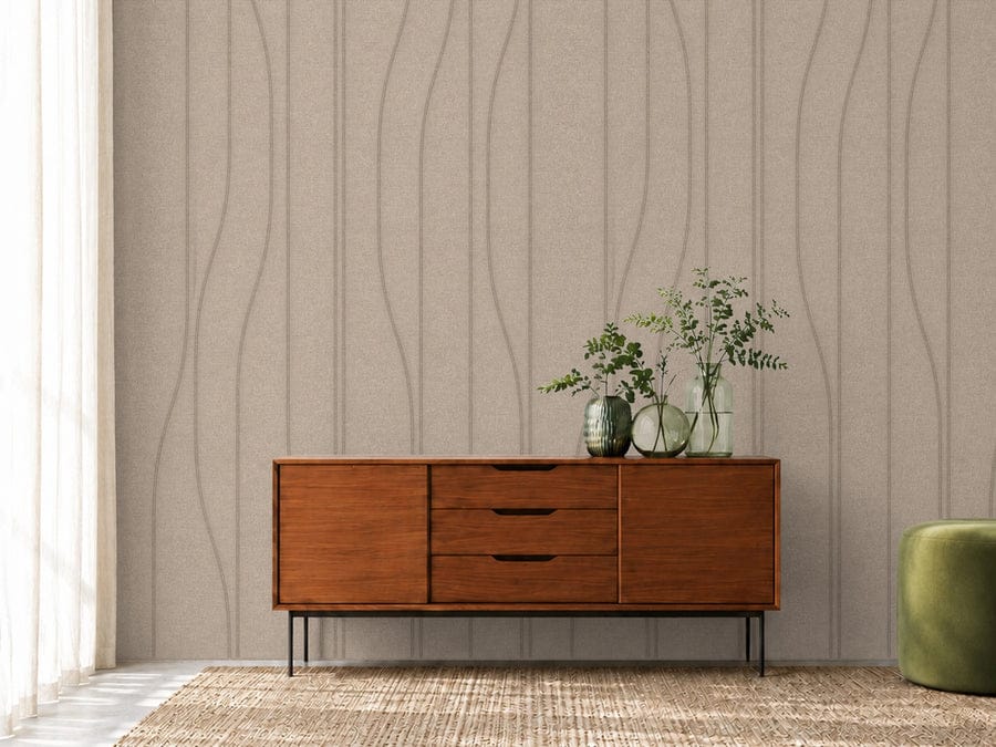 Vicoustic Embossed VMT Aqualine wall panels in pearl behind a wooden sideboard