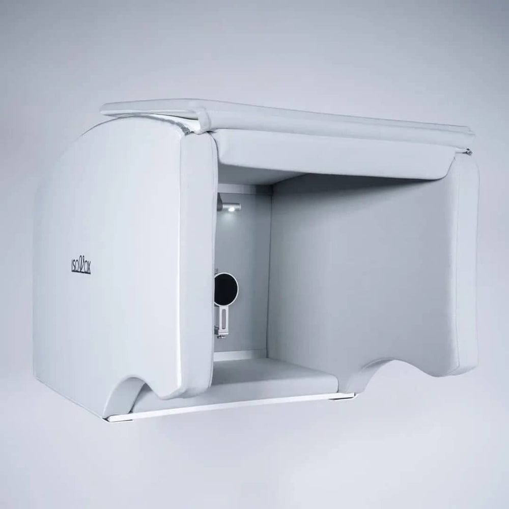 ISOVOX 2 portable vocal booth in white, front view with the microphone mount and light inside