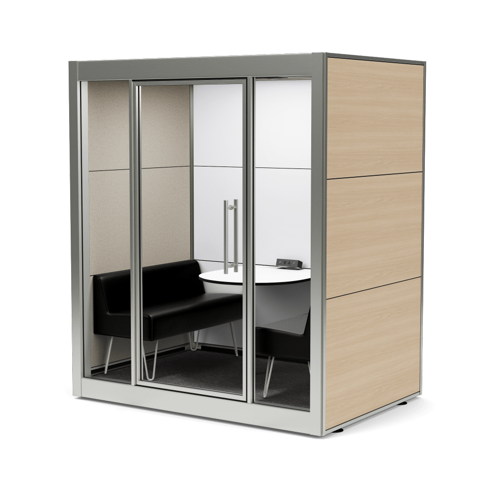 SnapCab Meet 4 meeting pod with glass door, wood side panels and a sofa and round table inside