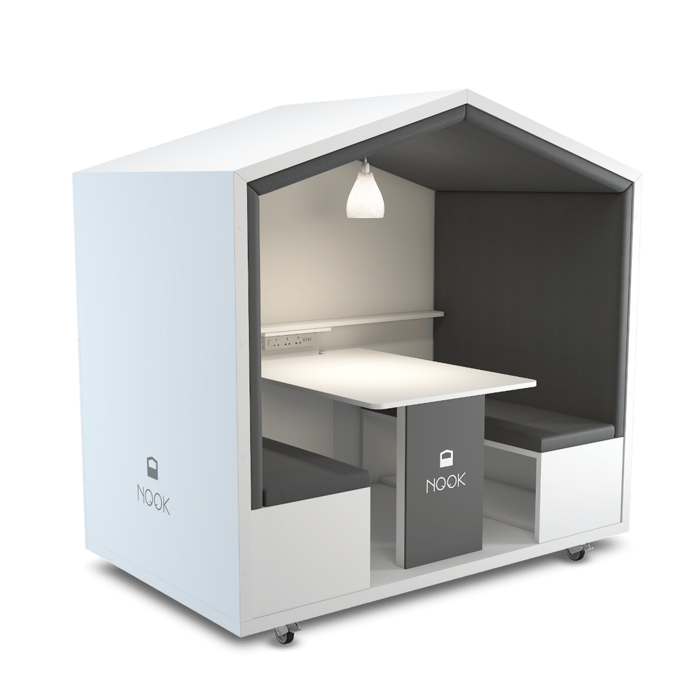 Nook Huddle Pod for 4 people, angled front view with table and bench seats