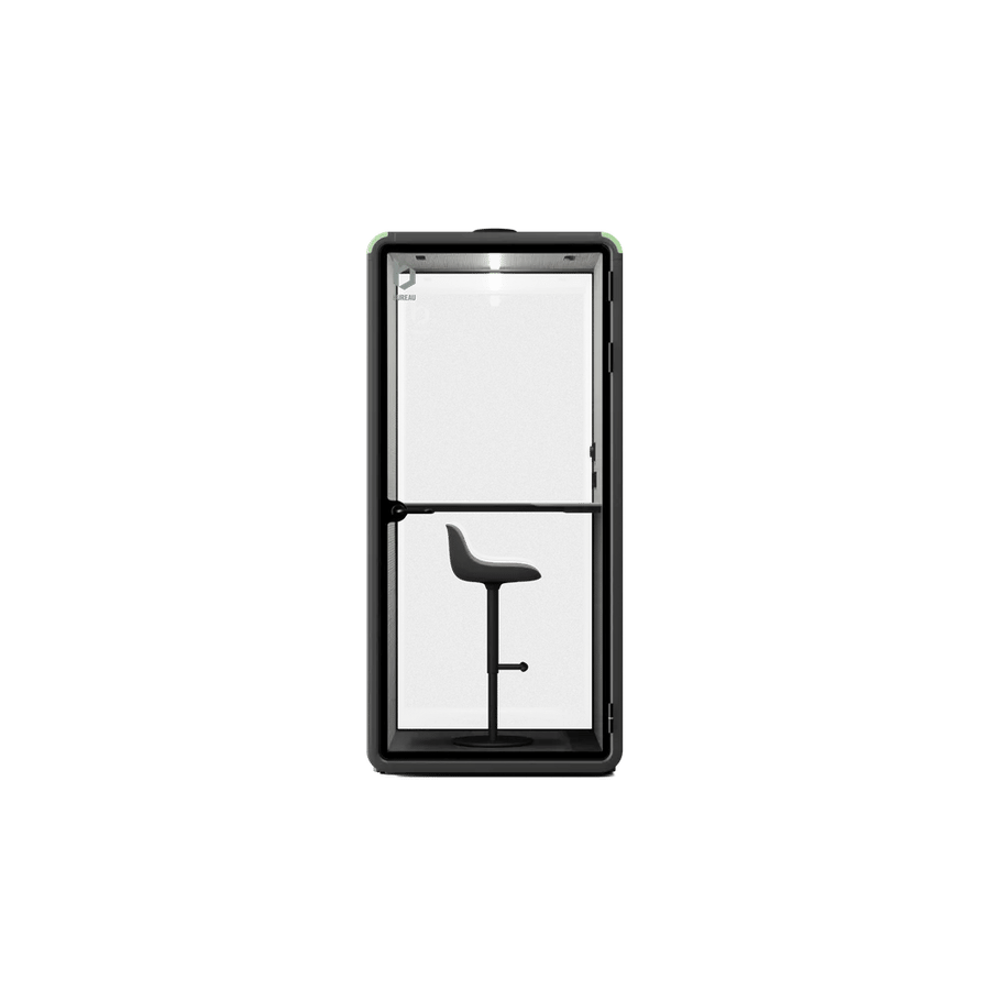 Bureau One phone booth in black, front view with the door closed