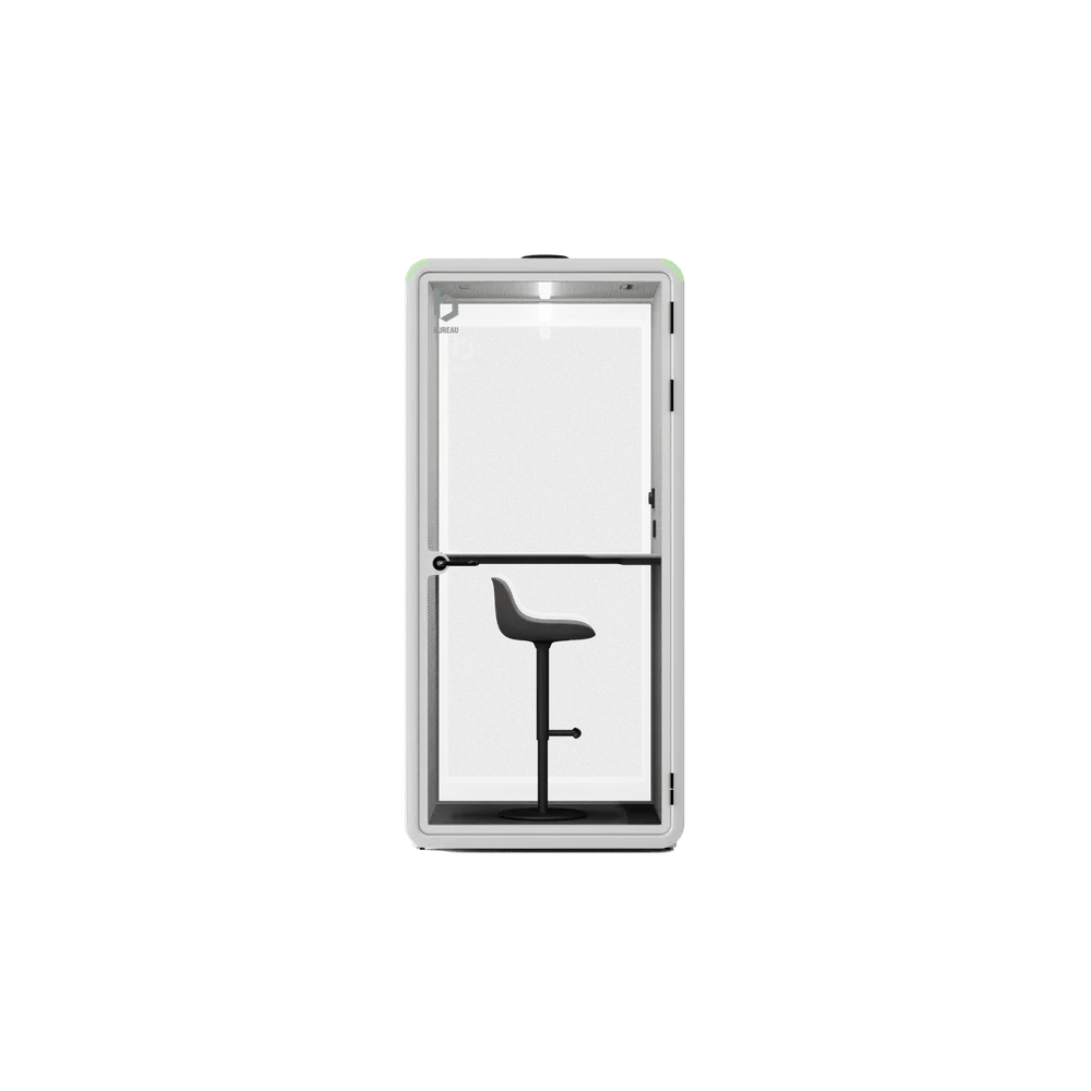 Bureau One phone booth in white, front view with the door closed