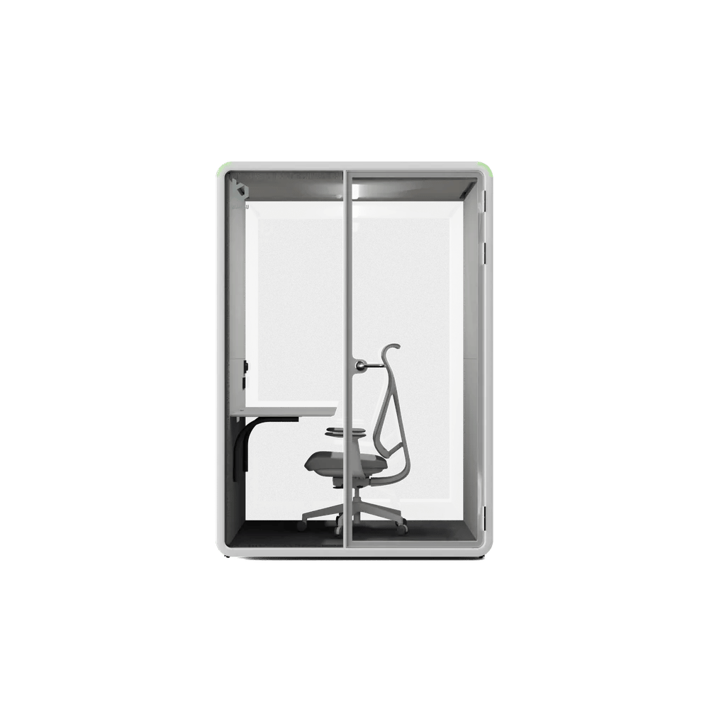 Bureau One+ booth in white, Focus layout with desk and office chair, front view