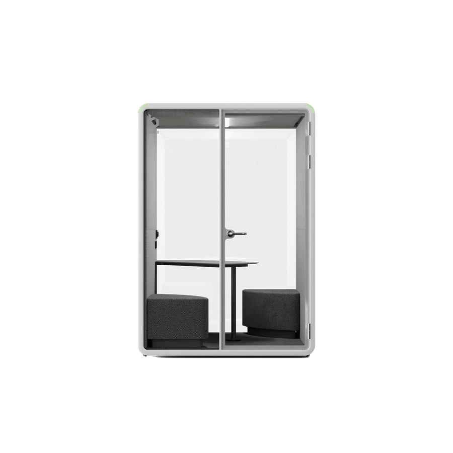 Bureau One+ booth in white, Meet layout with a table and seats, front view