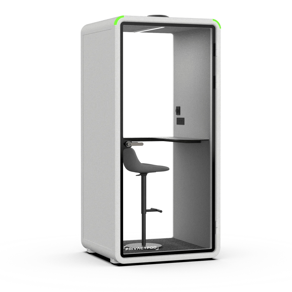 PrivacyPod S Pod in white, front view with the door open