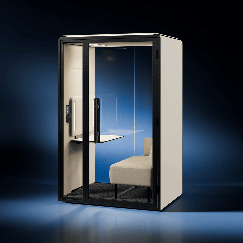 Silen Space Gen 2 one-person booth with a bench seat and a fold-down desk, angled view