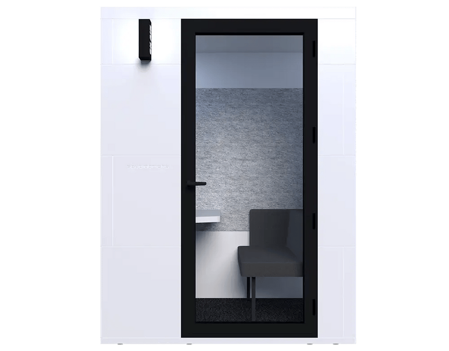 Studiobricks Focus work booth in white, front view with the glass door