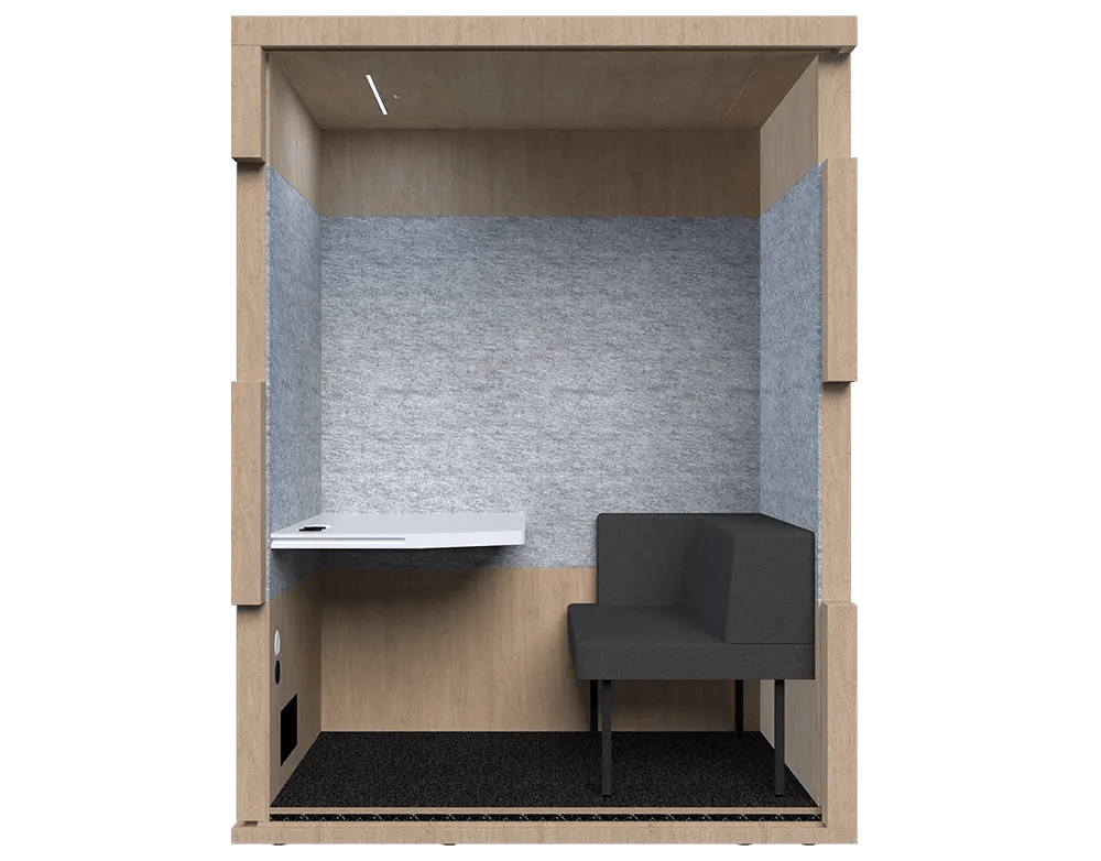 Studiobricks Focus work booth, cut-away view showing the desk and seat inside