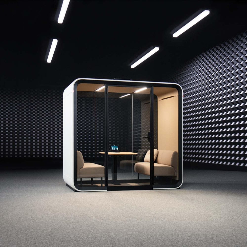 Framery Four meeting pod in white, front view with the glass doors