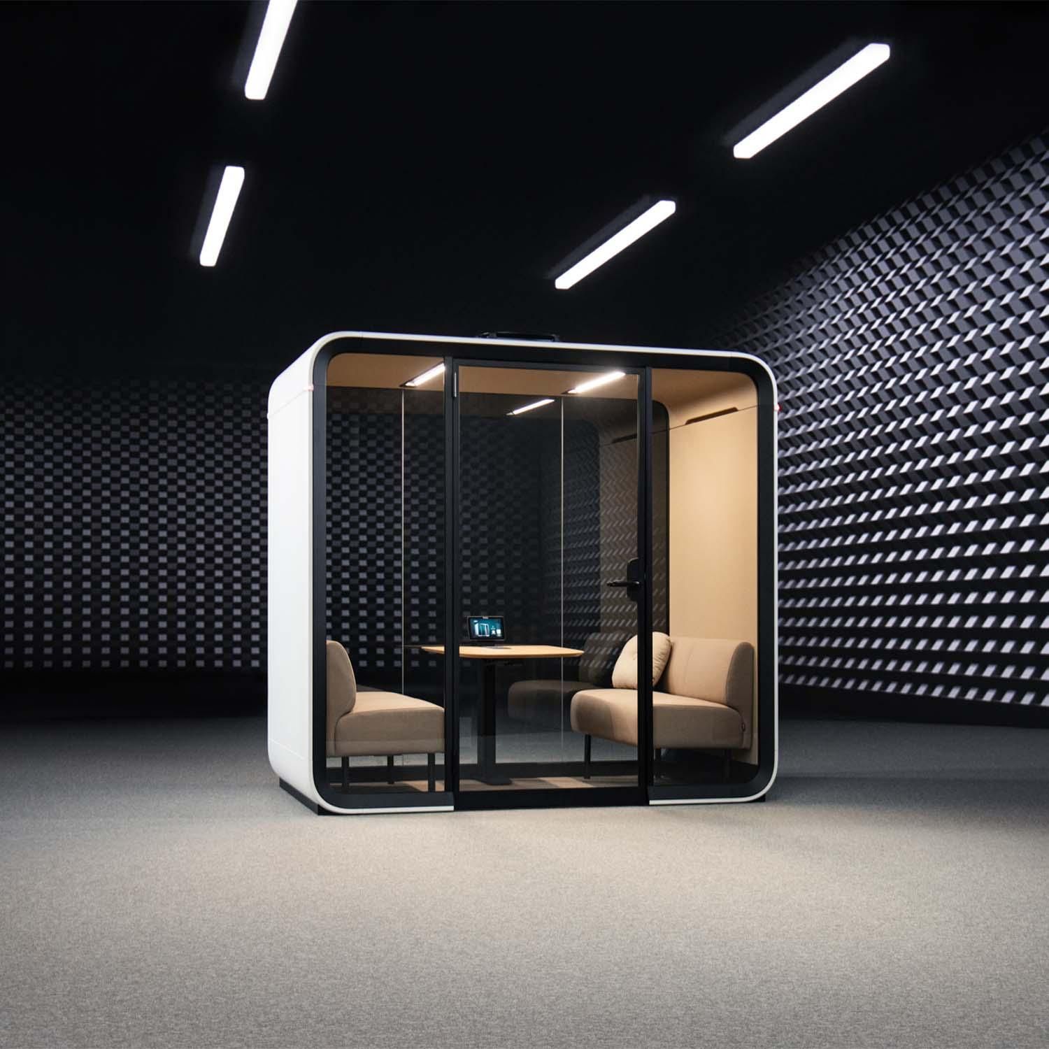 Framery Four meeting pod in white, front view with the glass doors