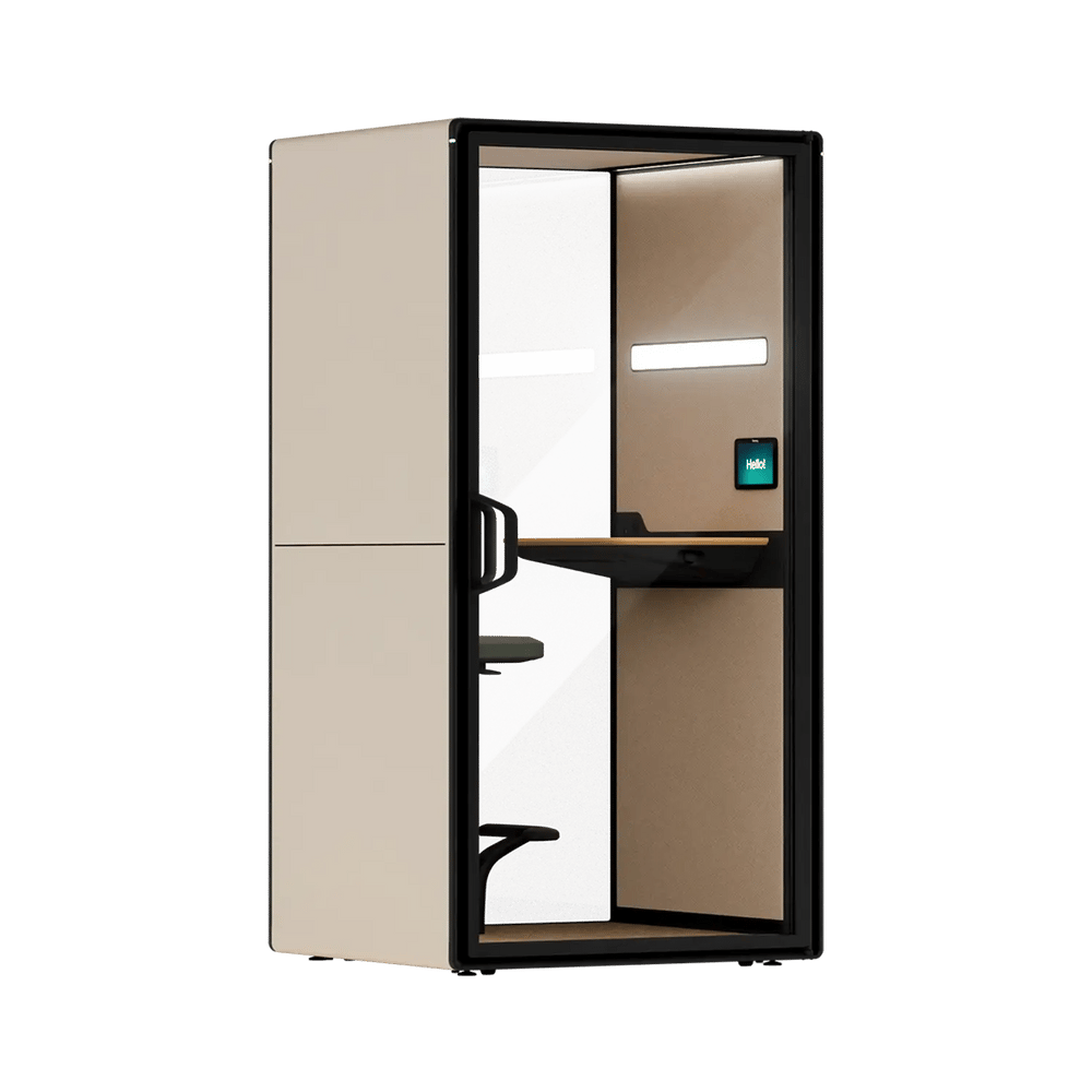 Framery Gradus Focus pod in sand, front view with the glass door