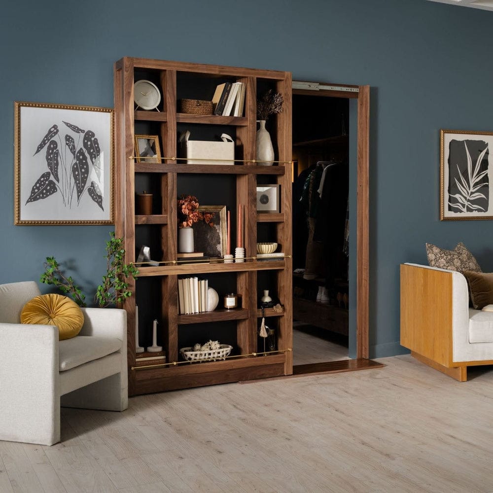 Murphy Door Sliding Gallery Bookcase in walnut, sliding aside to reveal a walk-in closet