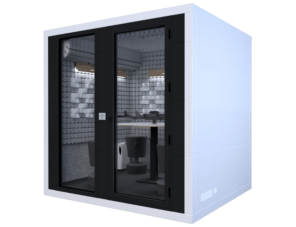 Studiobricks Podcast Round booth, angled view with the double glass door