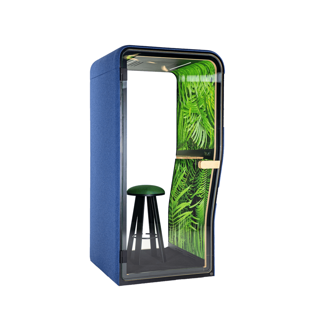 BuzziNest Booth in blue felt with a green leaf-print interior and a stool, angled view