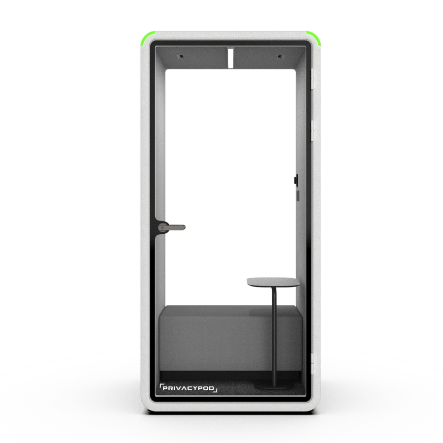 PrivacyPod S Pod with a bench seat and side table inside