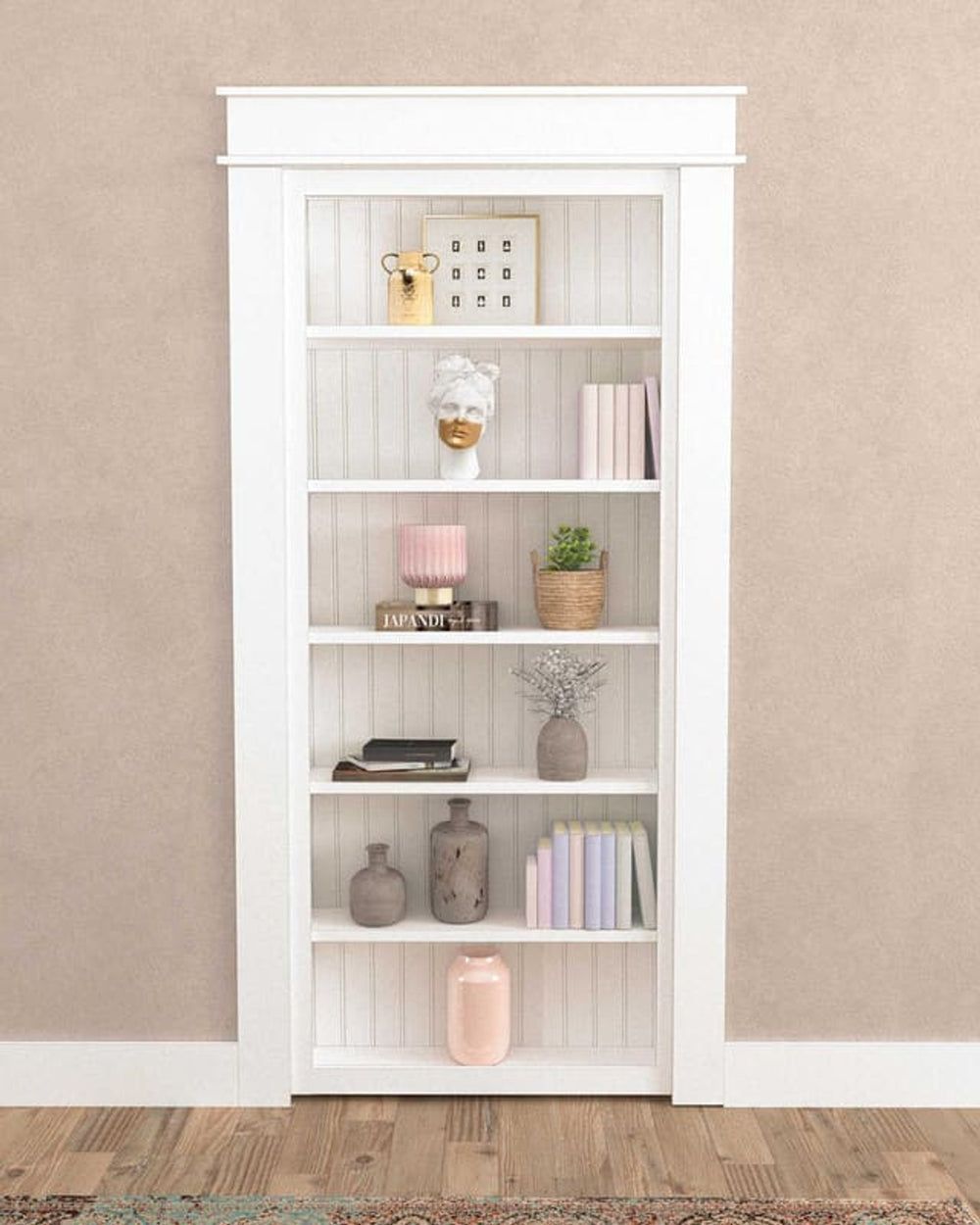 Maderra Single Hidden Bookcase Door, white, closed and styled with decor