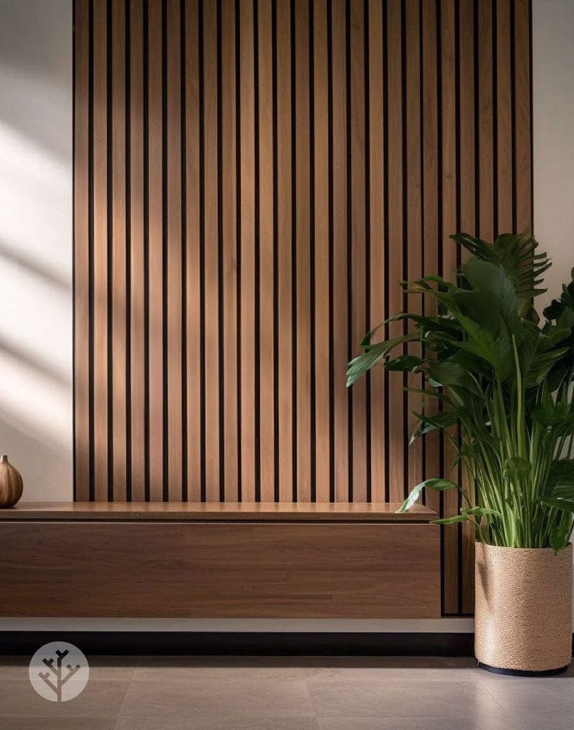 Slatpanel Luxe American Walnut wall panels behind a low cabinet and plant