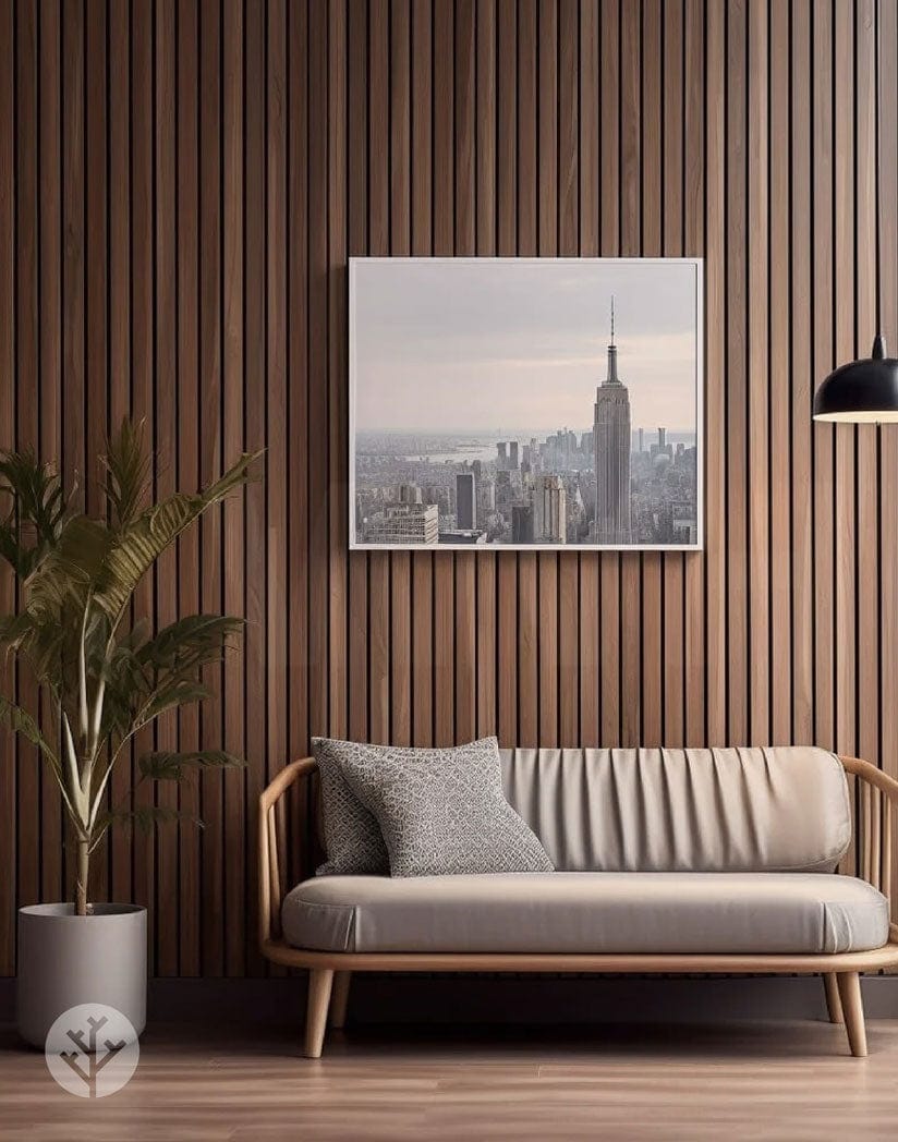 Slatpanel Luxe American Walnut wall panels in a living room above a sofa